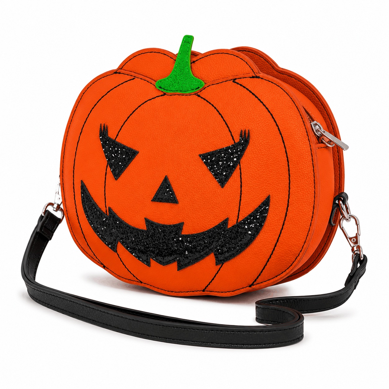 Angled view of the Jack-O'-Lantern Crossbody Bag showing the pumpkin shape and zipper