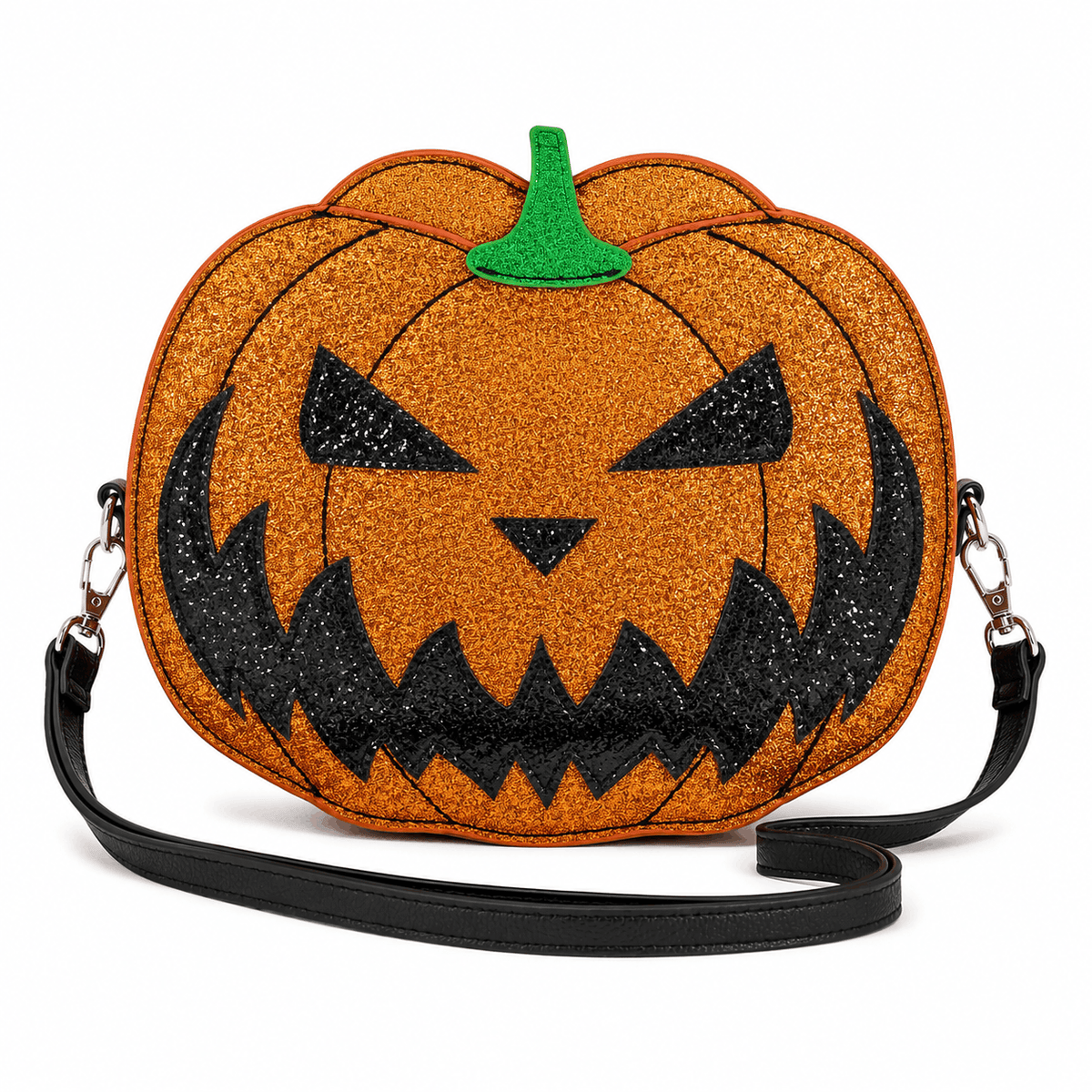 Jack-O'-Lantern Crossbody Bag with orange glitter finish on a white background