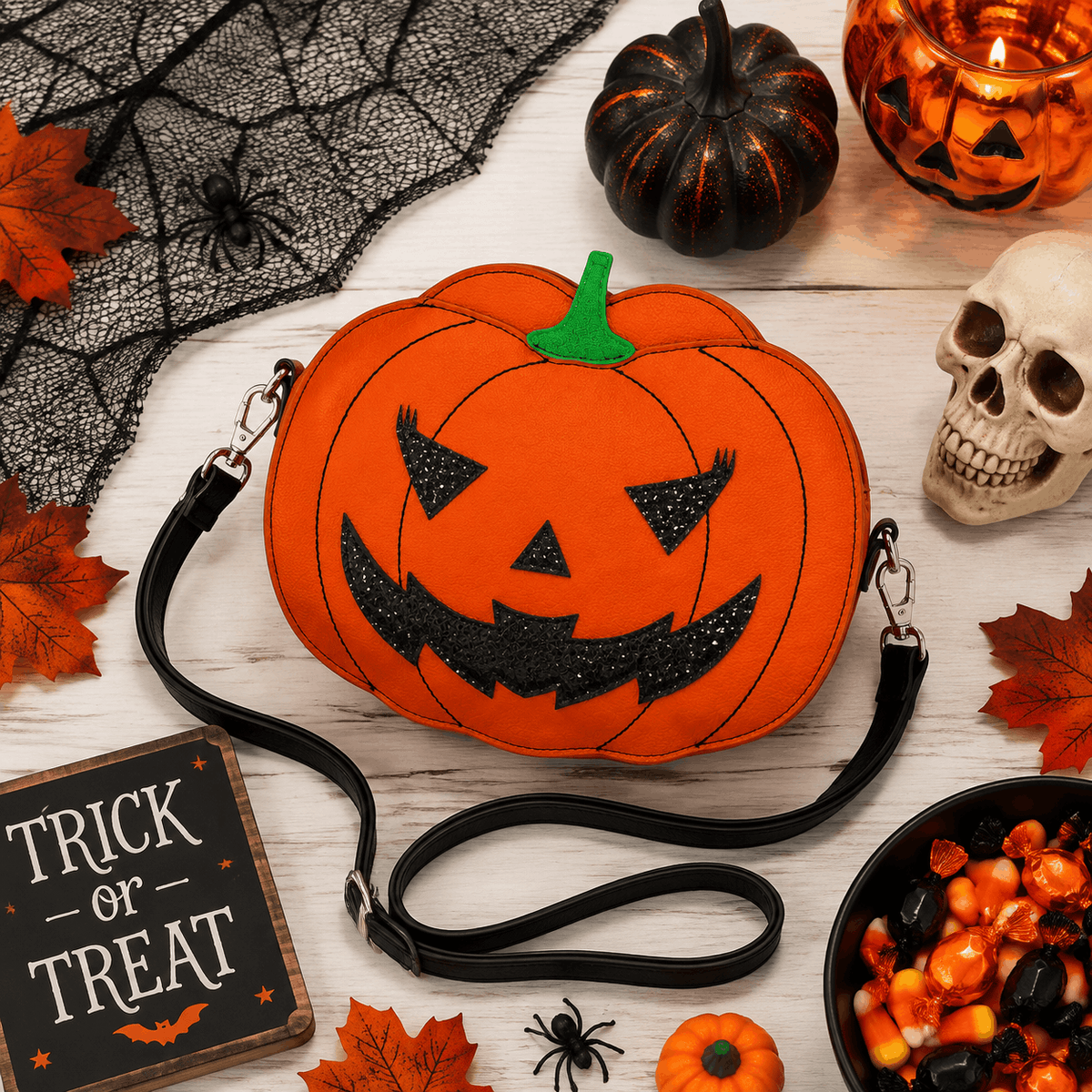 Jack-O'-Lantern Crossbody Bag displayed with Halloween decorations in a seasonal flat lay
