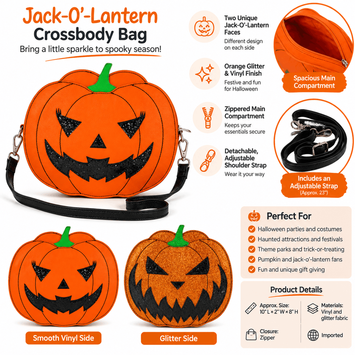 Infographic highlighting the Jack-O'-Lantern Crossbody Bag features, reversible pumpkin design, dimensions, and adjustable shoulder strap