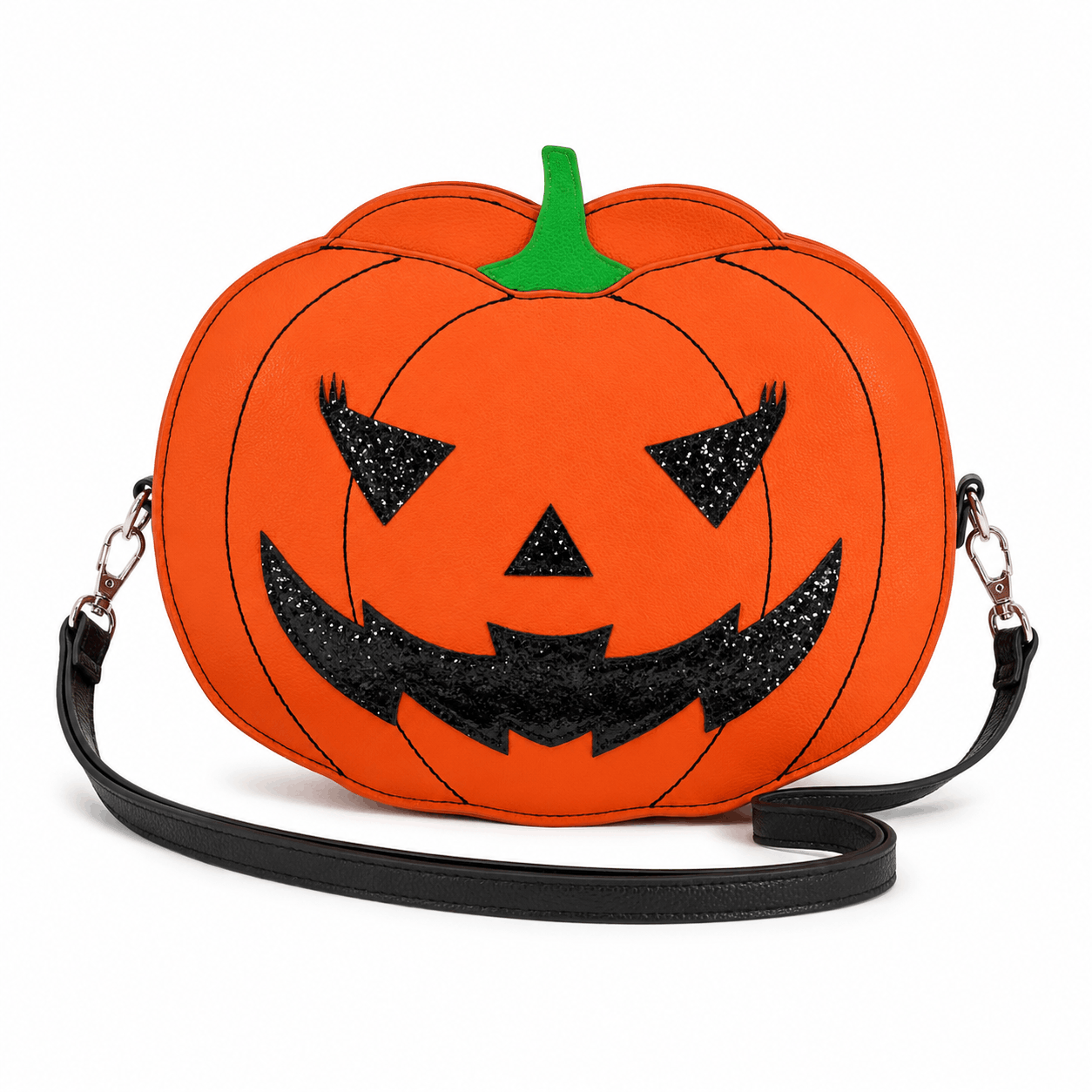 Jack-O'-Lantern Crossbody Bag with smooth orange vinyl finish on a white background