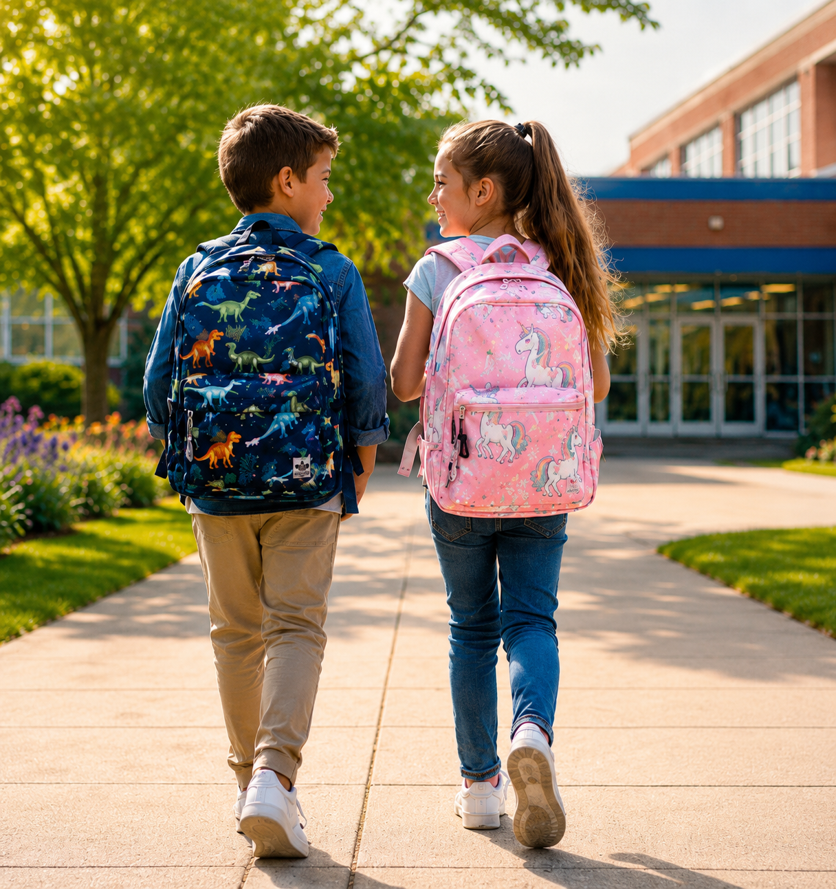 Two children walking to school wearing colorful kids school backpacks with cute animal and novelty backpack designs.