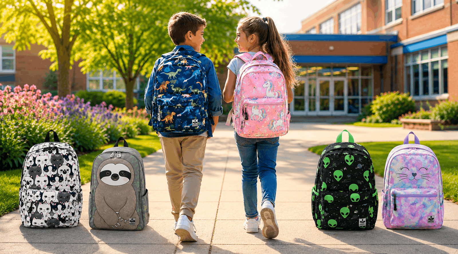 Two children walking to school wearing colorful kids school backpacks with cute animal and novelty backpack designs.