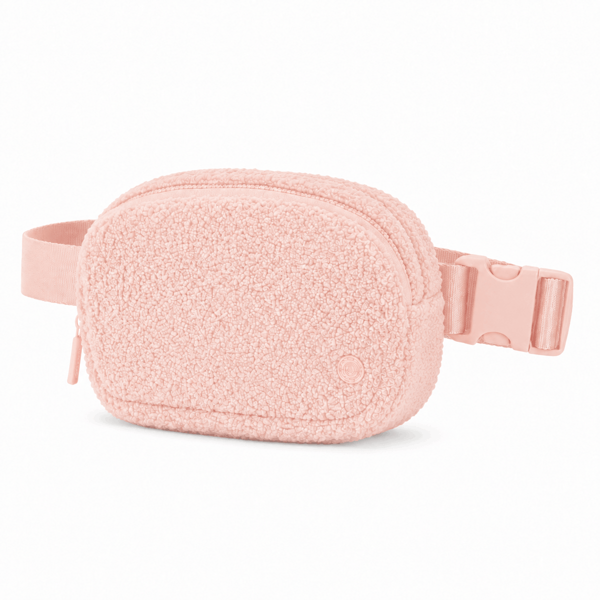 Light pink fleece belt bag shown from a 45-degree angle