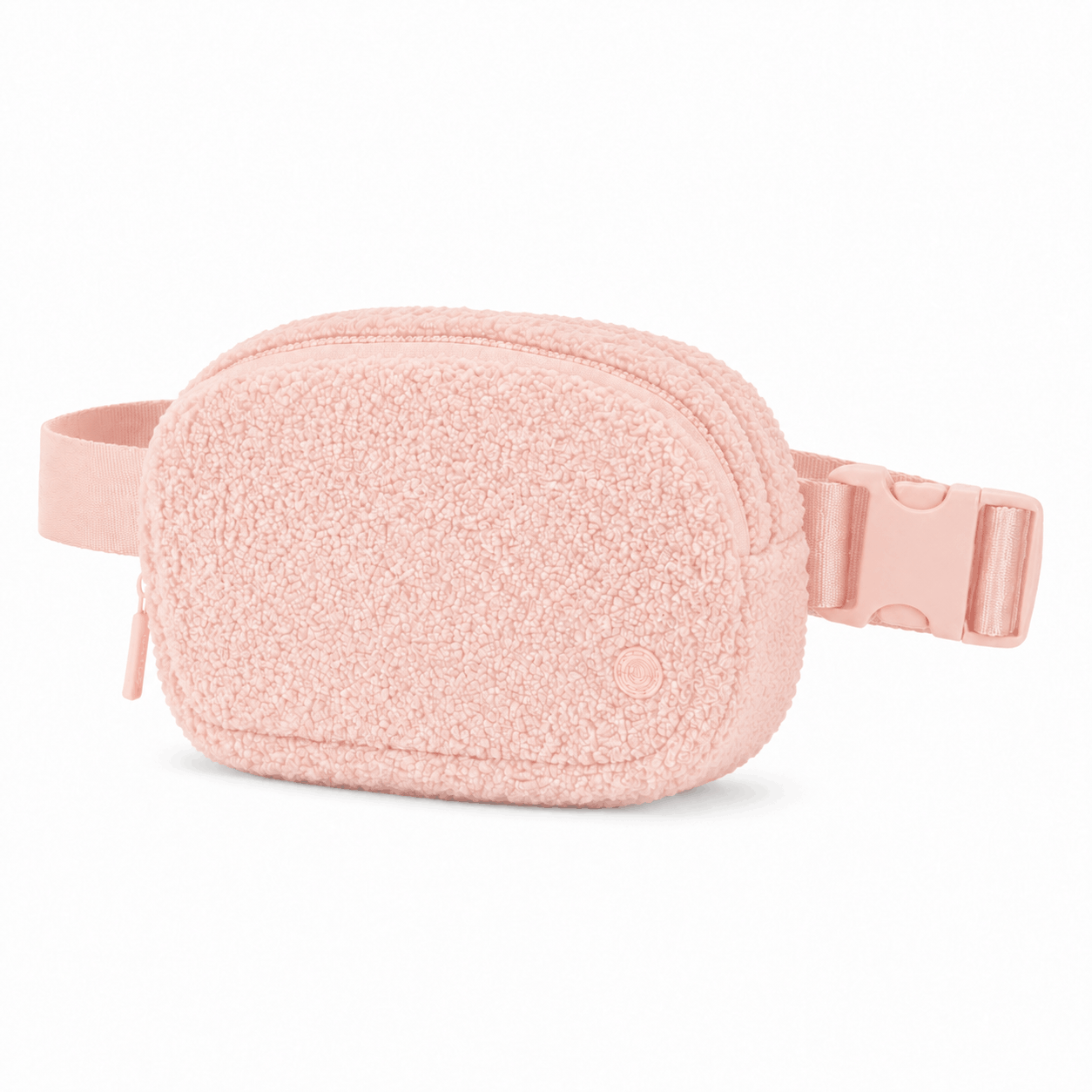 Light pink fleece belt bag shown from a 45-degree angle
