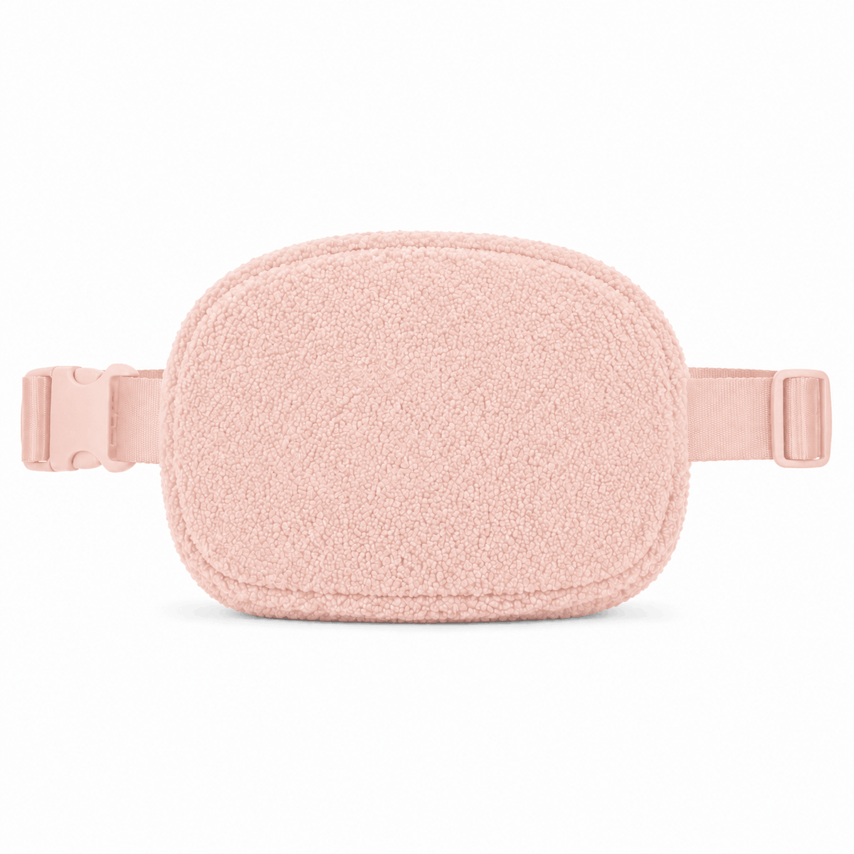 Back of light pink fleece belt bag with adjustable strap and buckle