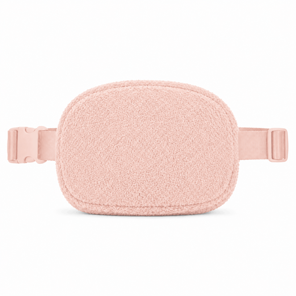 Back of light pink fleece belt bag with adjustable strap and buckle