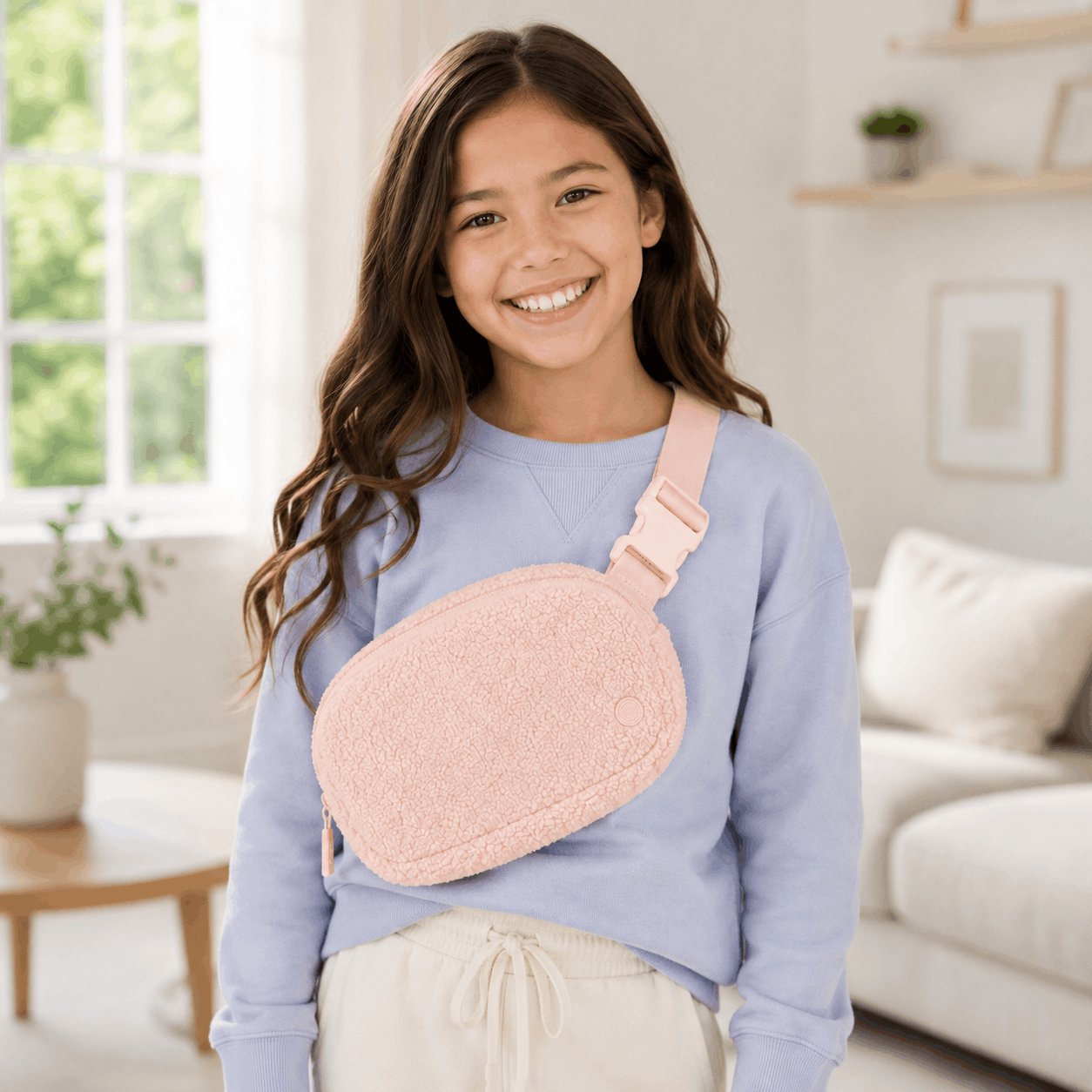 Child wearing a light pink fleece belt bag crossbody indoors