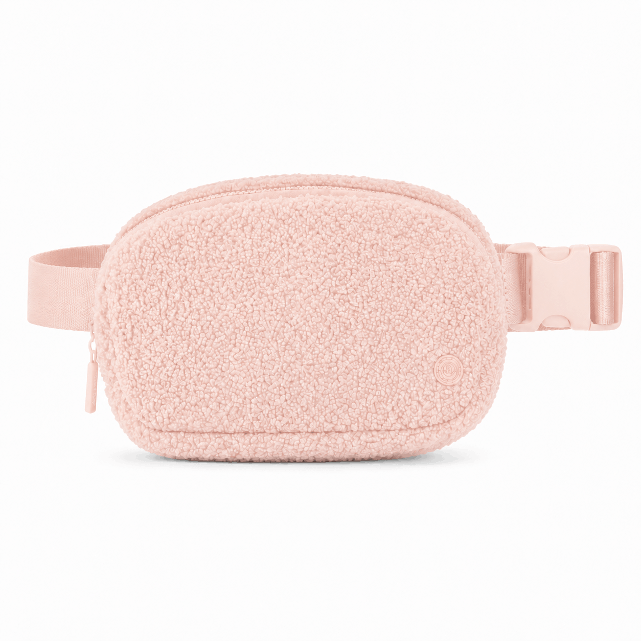 Light pink fleece belt bag with matching strap and buckle, front view