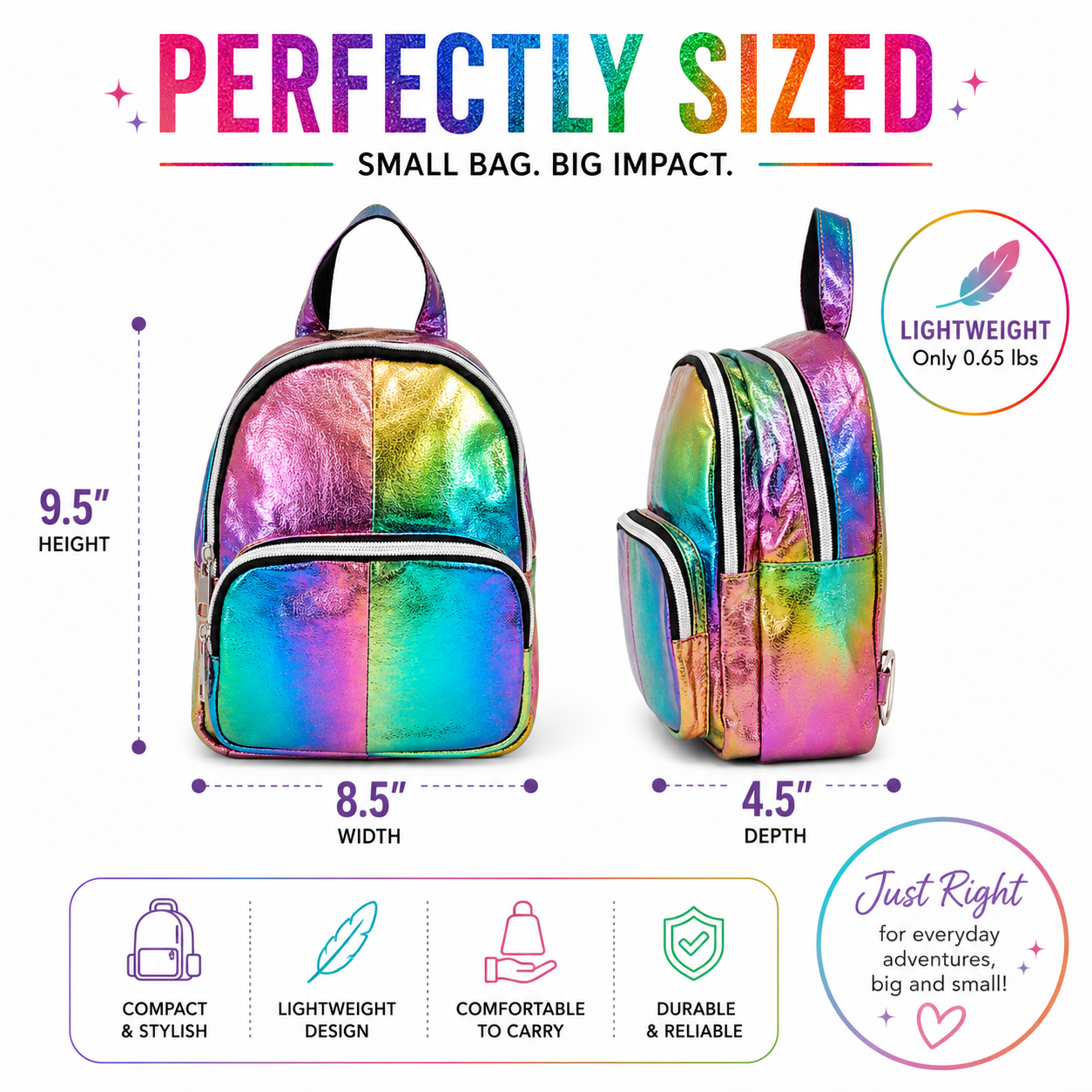 Dimensions infographic for the rainbow mini convertible backpack showing 9.5-inch height, 8.5-inch width, 4.5-inch depth, and lightweight design.