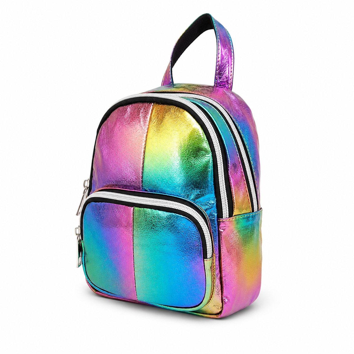 45-degree view of the iridescent rainbow mini convertible backpack showing the front and side compartments.