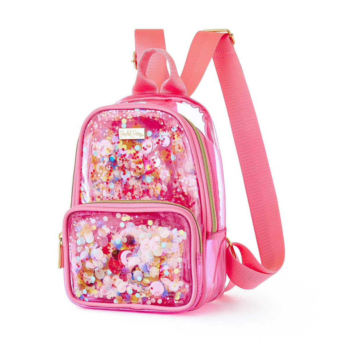 Mini Pink Confetti Clear Backpack angled front view with multicolor confetti and gold-tone hardware.