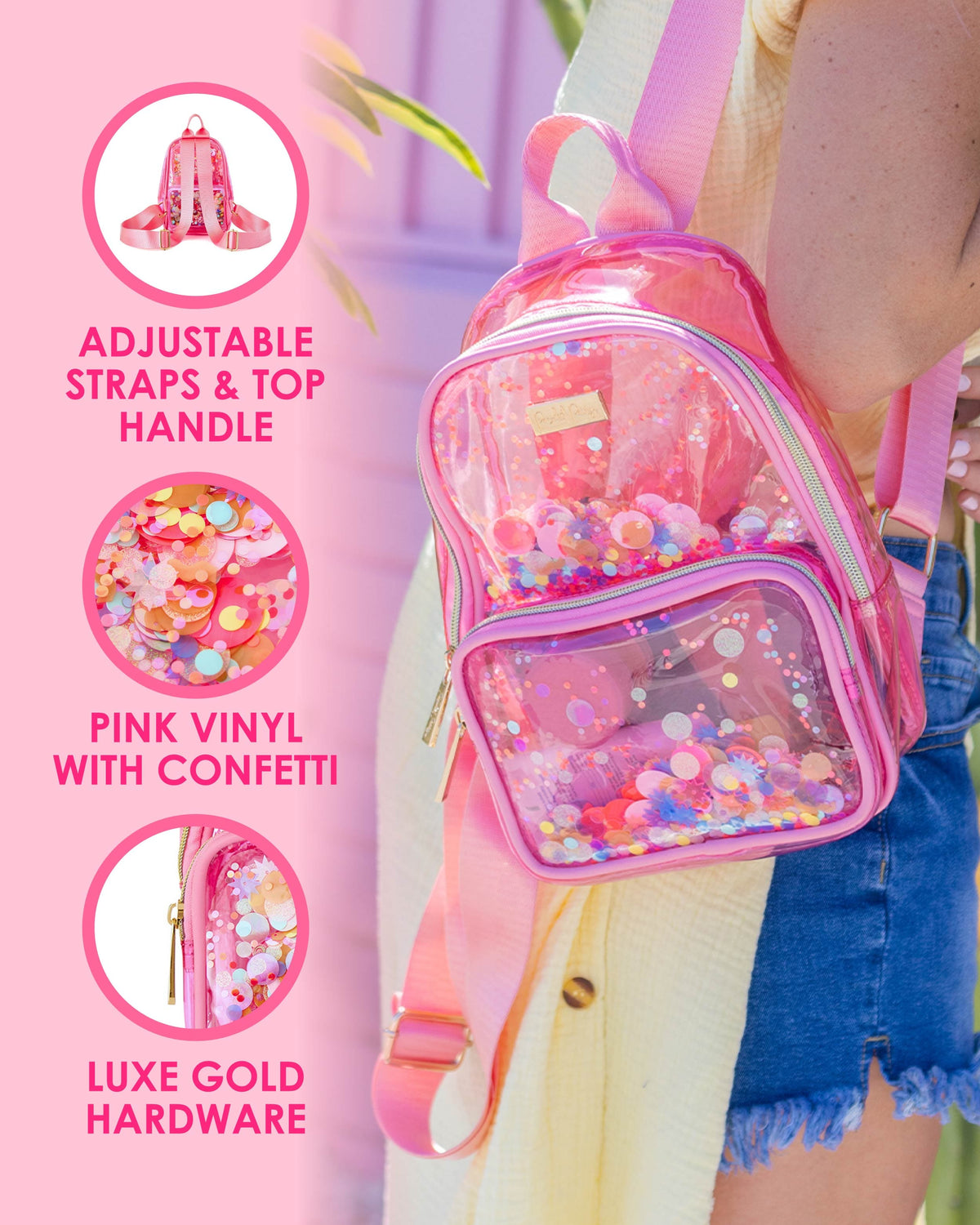 Mini Pink Confetti Clear Backpack infographic showing adjustable straps, confetti vinyl, and gold hardware.