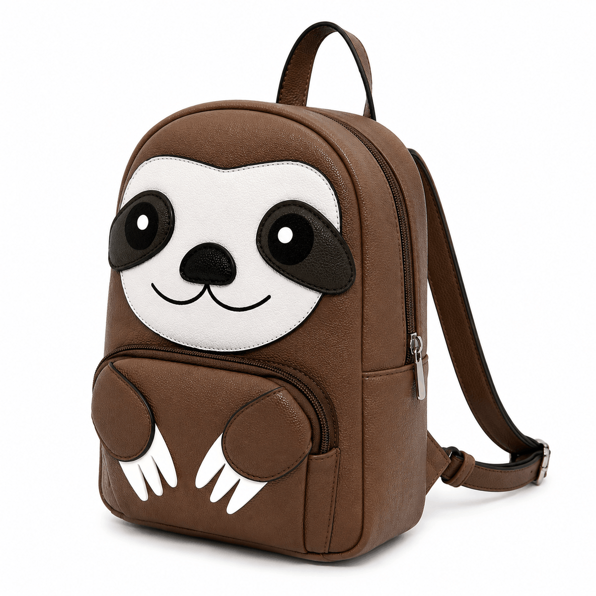 Mini sloth backpack shown from a front angle displaying its 3D sloth design