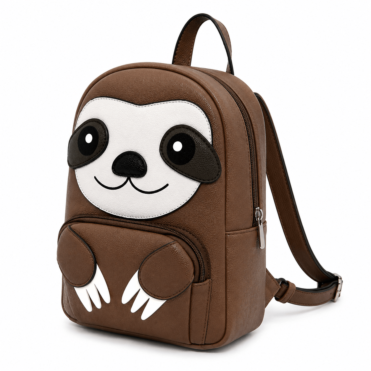 Mini sloth backpack shown from a front angle displaying its 3D sloth design