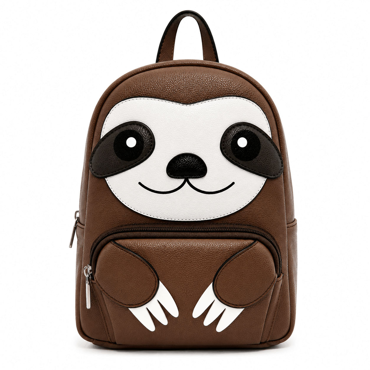 Mini sloth backpack with smiling sloth face and front zippered pocket