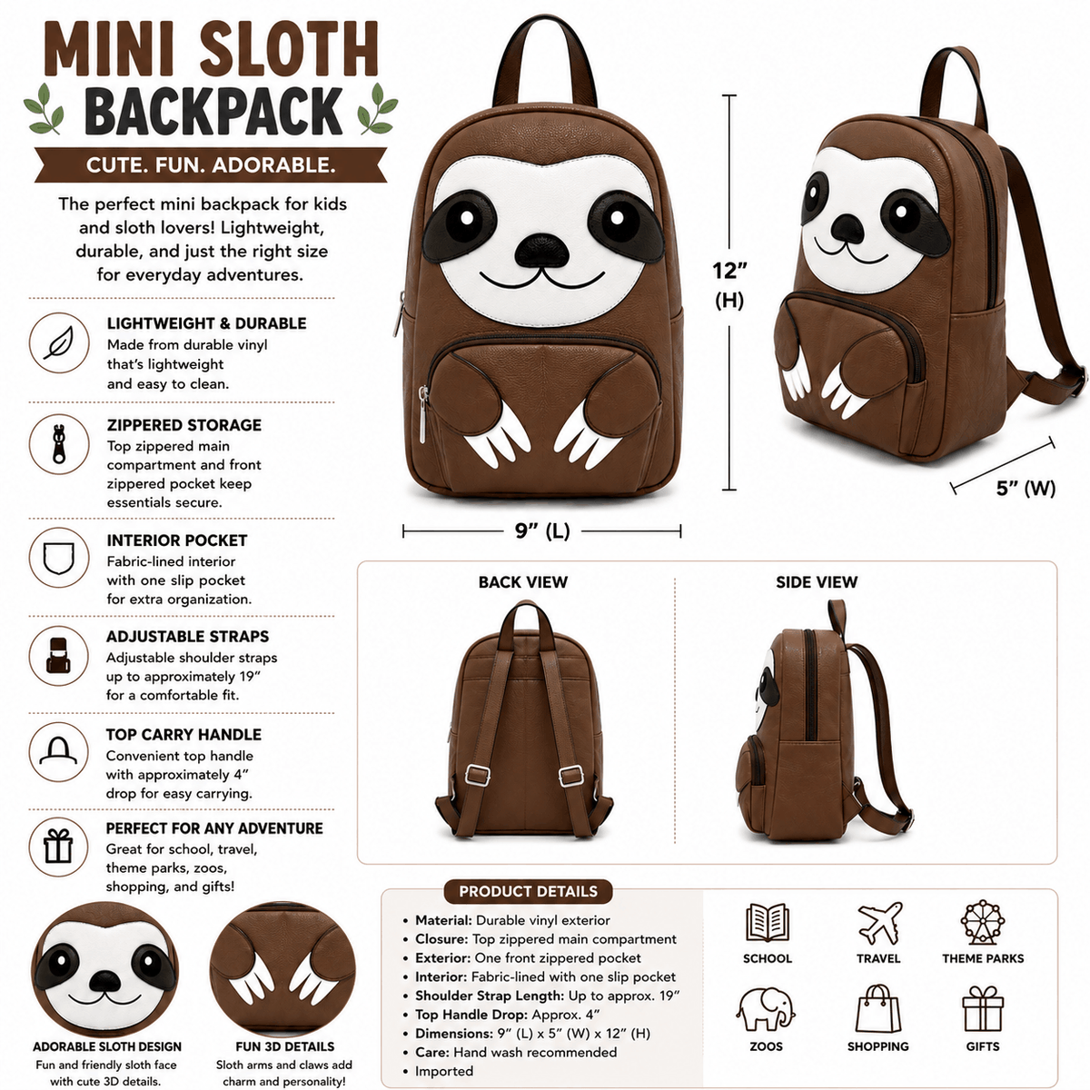 Mini sloth backpack infographic showing dimensions, features, and multiple product views