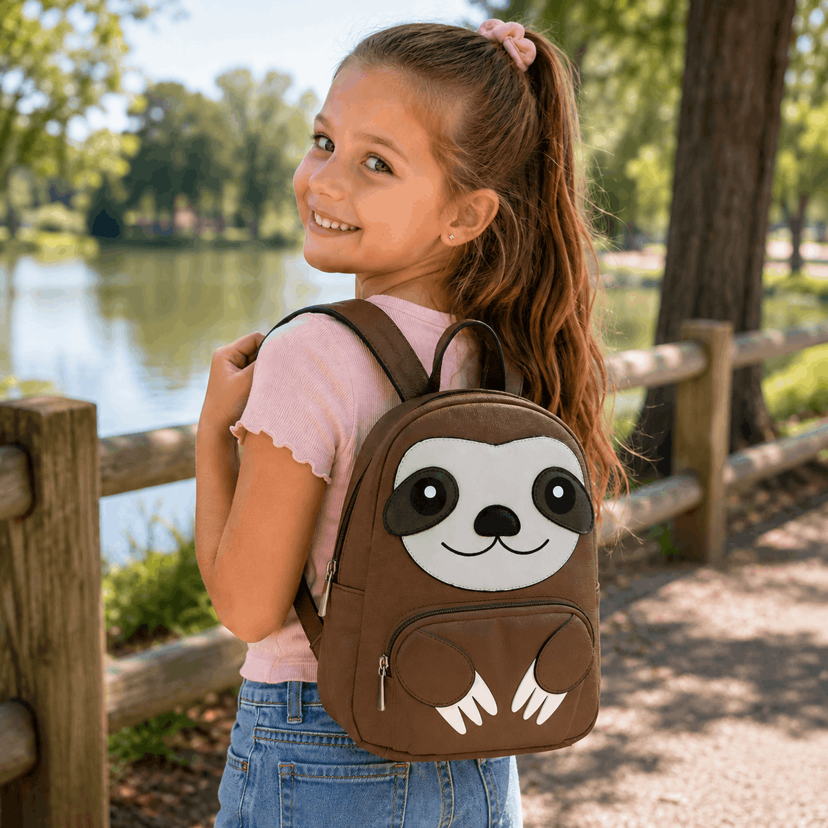 Girl wearing a mini sloth backpack while walking near a lake
