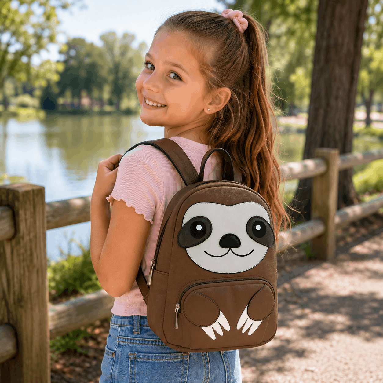 Girl wearing a mini sloth backpack while walking near a lake