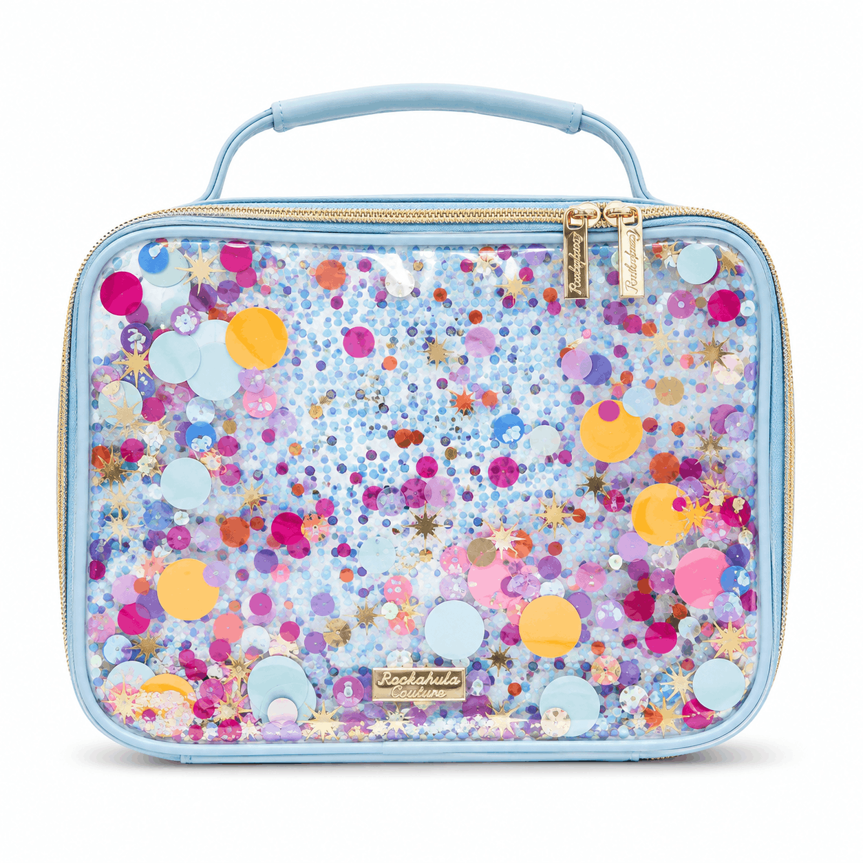 Multicolor confetti insulated lunch box with pastel blue trim and colorful floating confetti design shown from the front on a white background.
