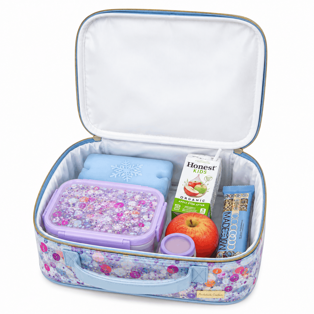 Multicolor confetti insulated lunch box shown open with a white insulated interior holding a reusable food container, ice pack, apple, juice box, snack bar, and snack cup on a white background.