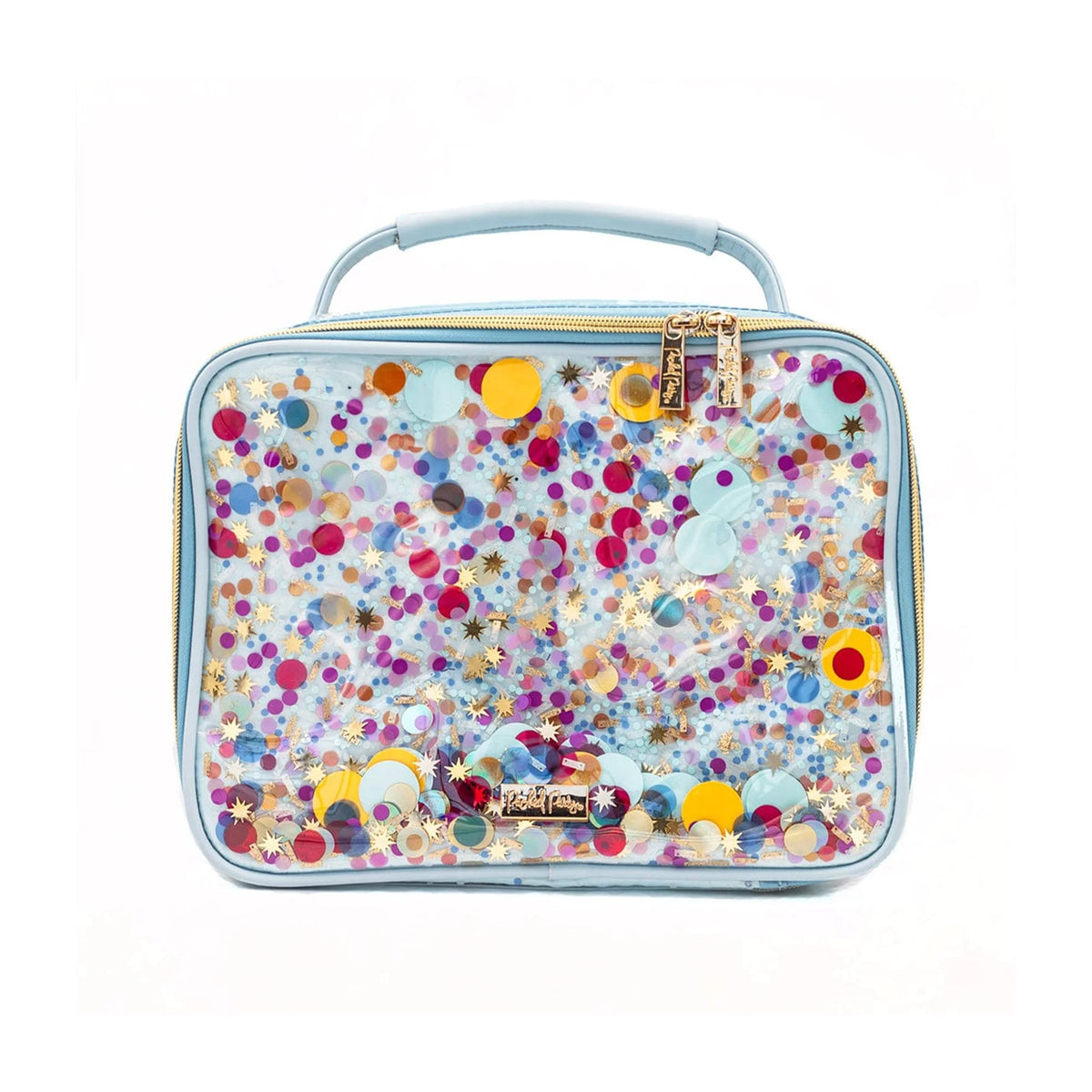 Multicolor Confetti Insulated Lunchbox with clear vinyl exterior, blue trim, and gold-tone zippers.