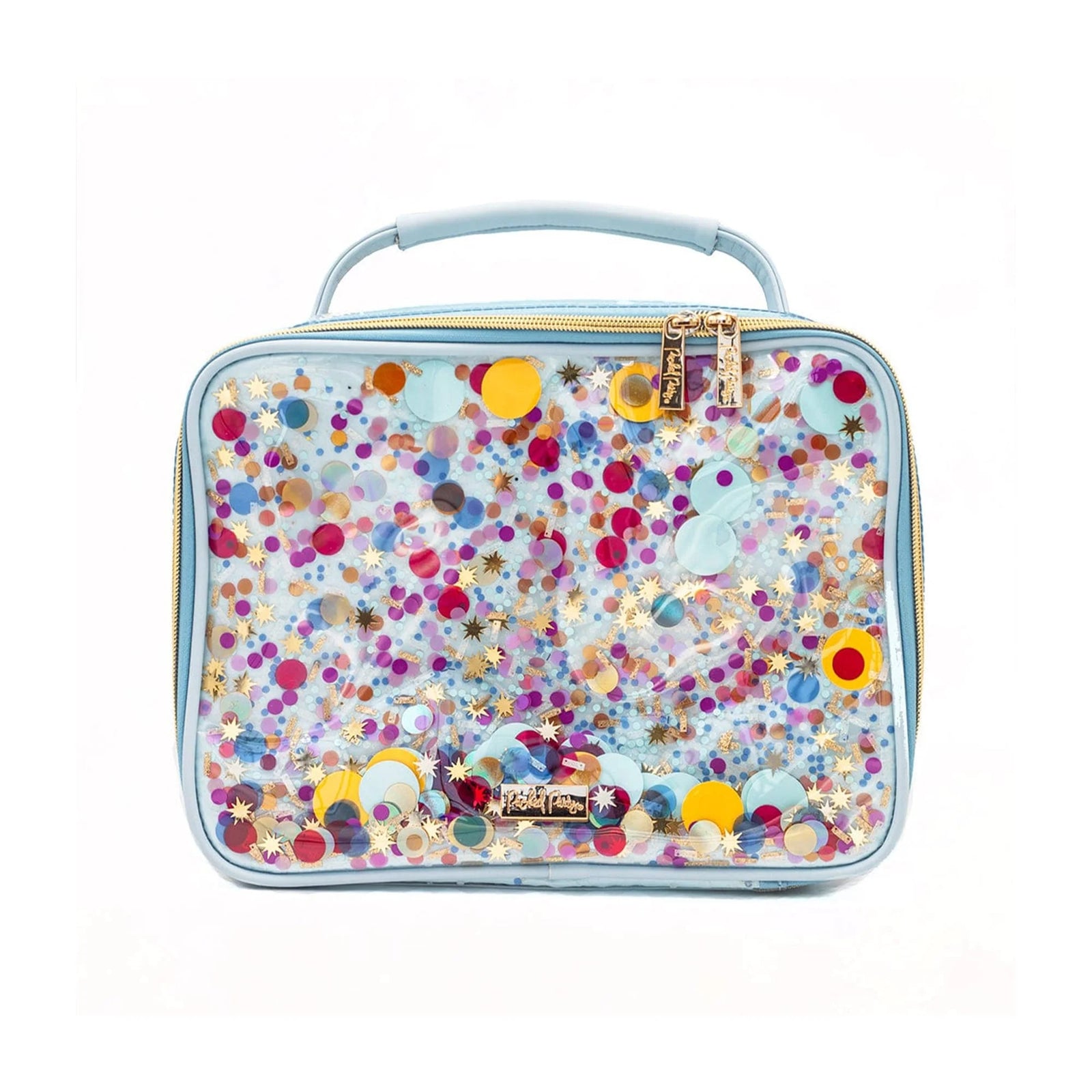 Multicolor Confetti Insulated Lunchbox with clear vinyl exterior, blue trim, and gold-tone zippers.