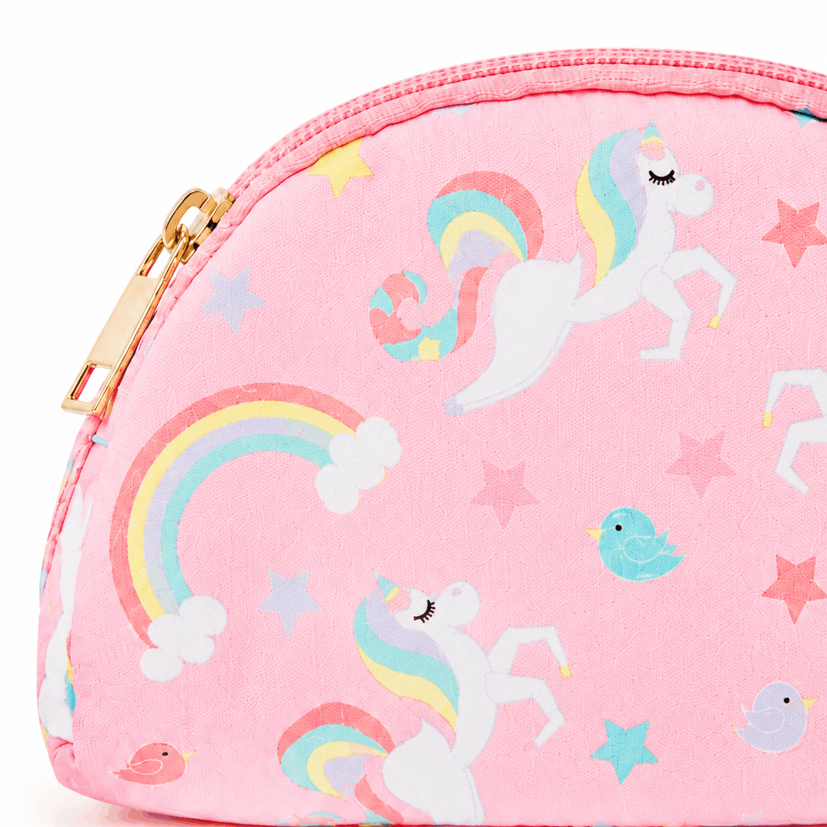 Close-up of the unicorn print and gold-tone zipper on the pink belt bag