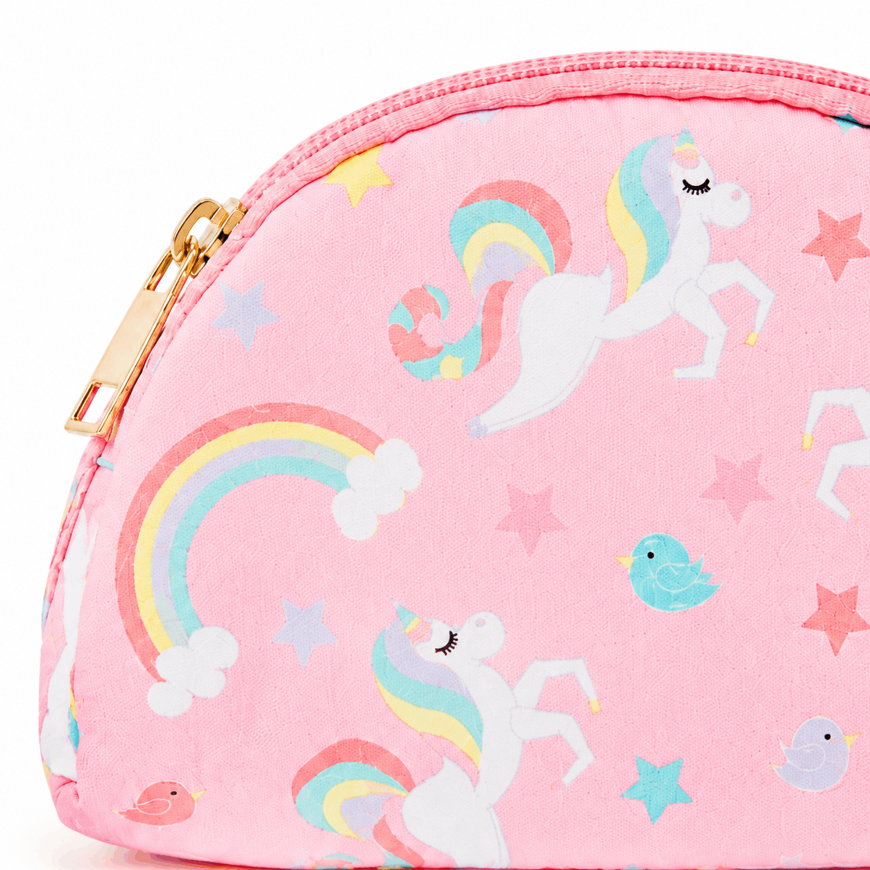 Close-up of the unicorn print and gold-tone zipper on the pink belt bag