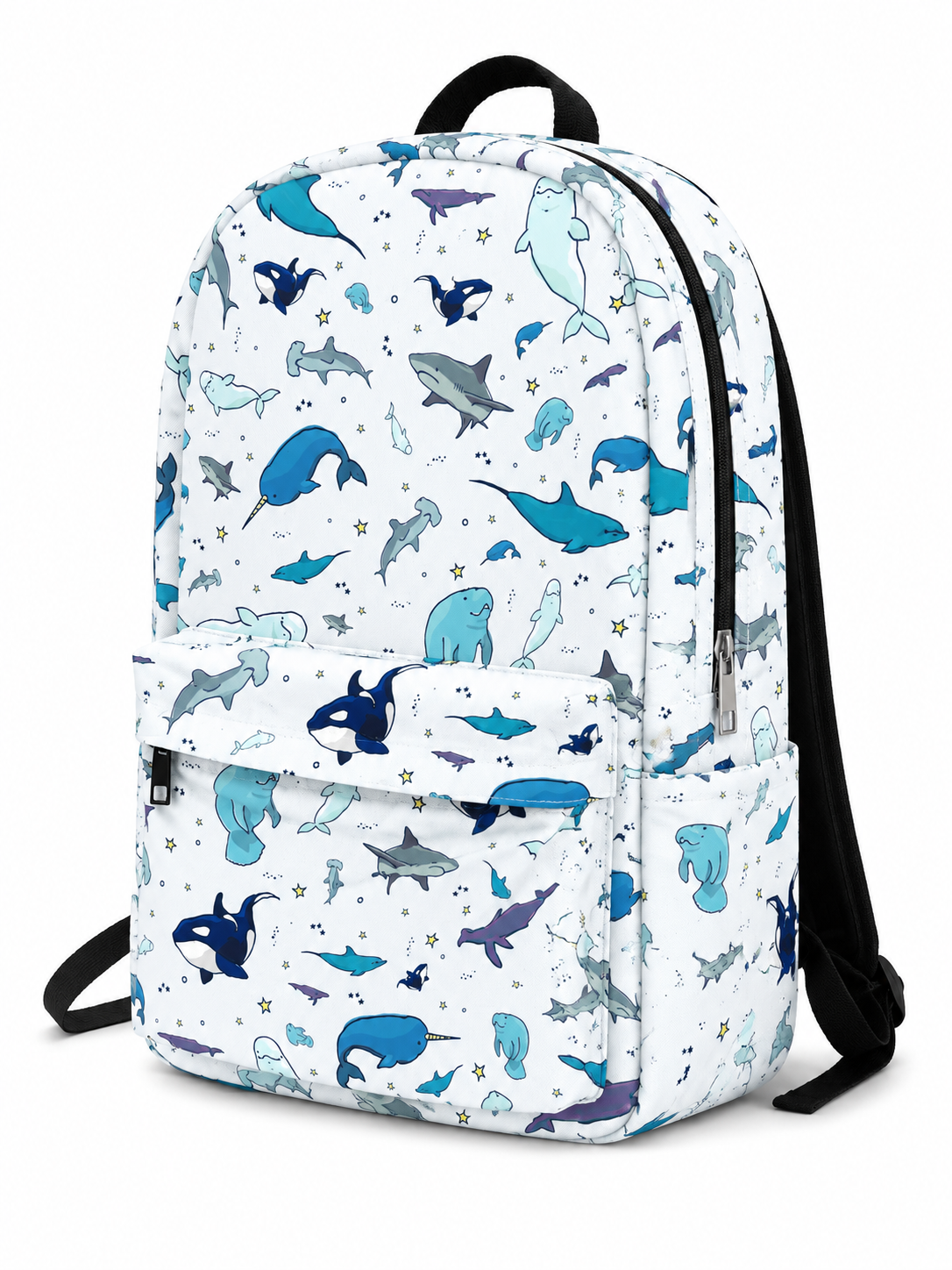 Angled front view of the Ocean Life Backpack with colorful marine life print