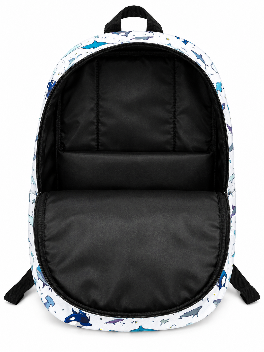 Open Ocean Life Backpack showing spacious main compartment and interior