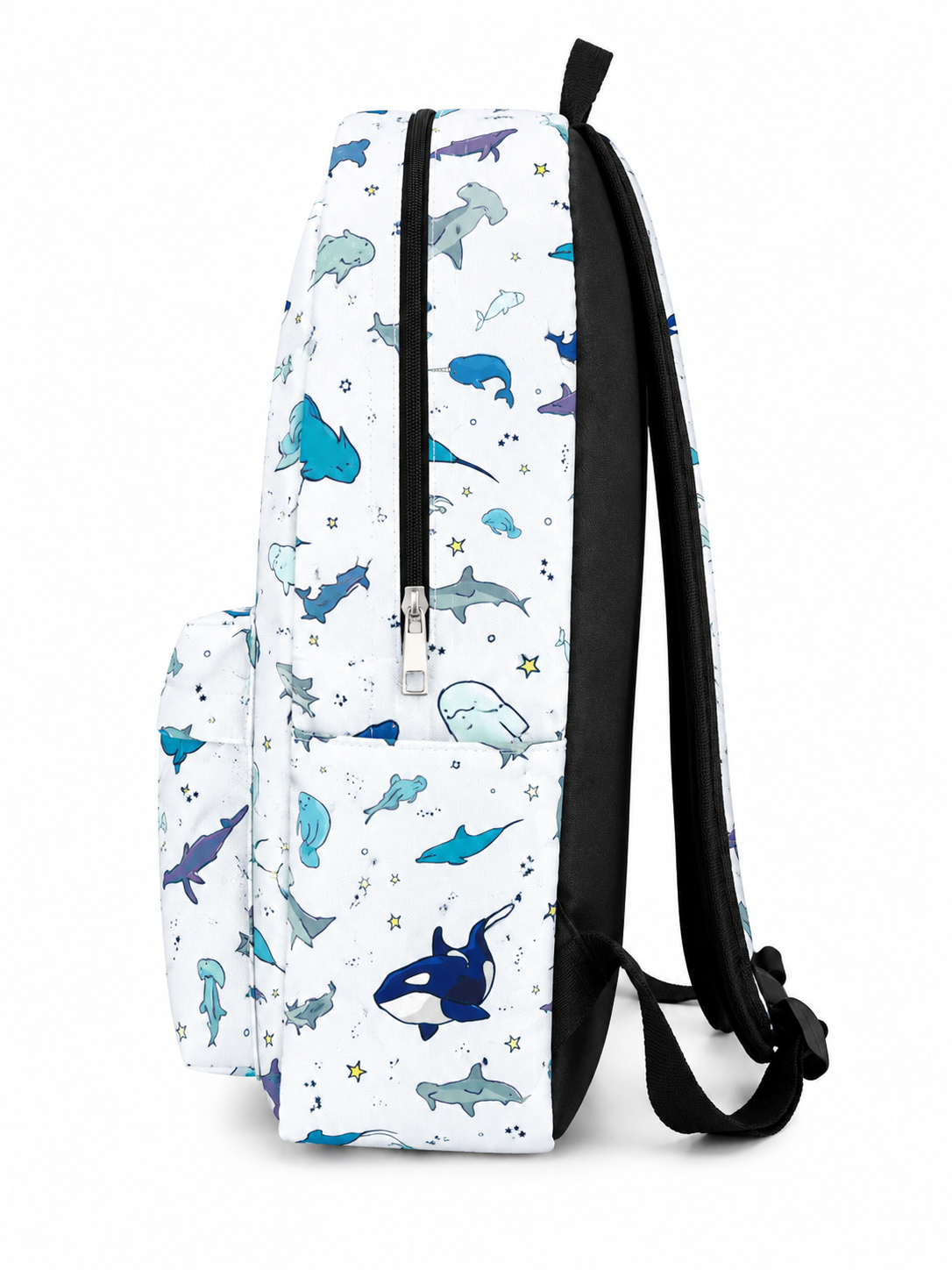 Side profile of the Ocean Life Backpack with zippered compartment