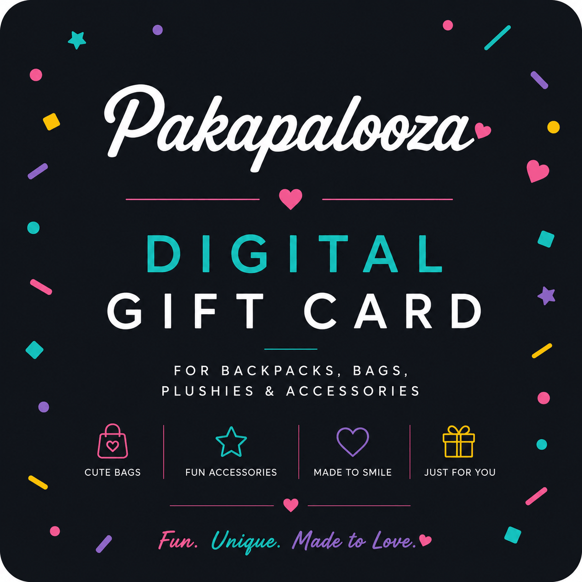Pakapalooza digital gift card featuring a sloth, green alien, and colorful unicorn.