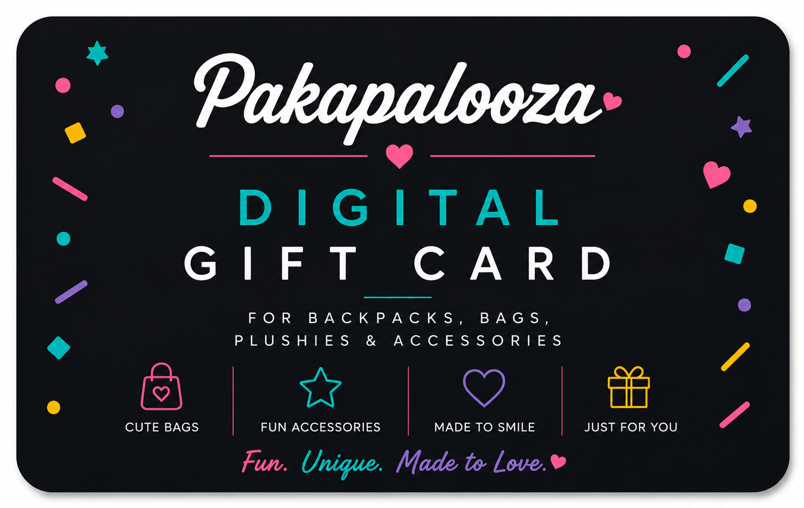 Pakapalooza digital gift card featuring a sloth, green alien, and unicorn on a mint confetti background