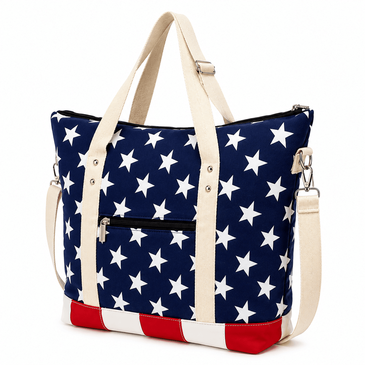 Angled view of patriotic canvas tote bag with removable shoulder strap