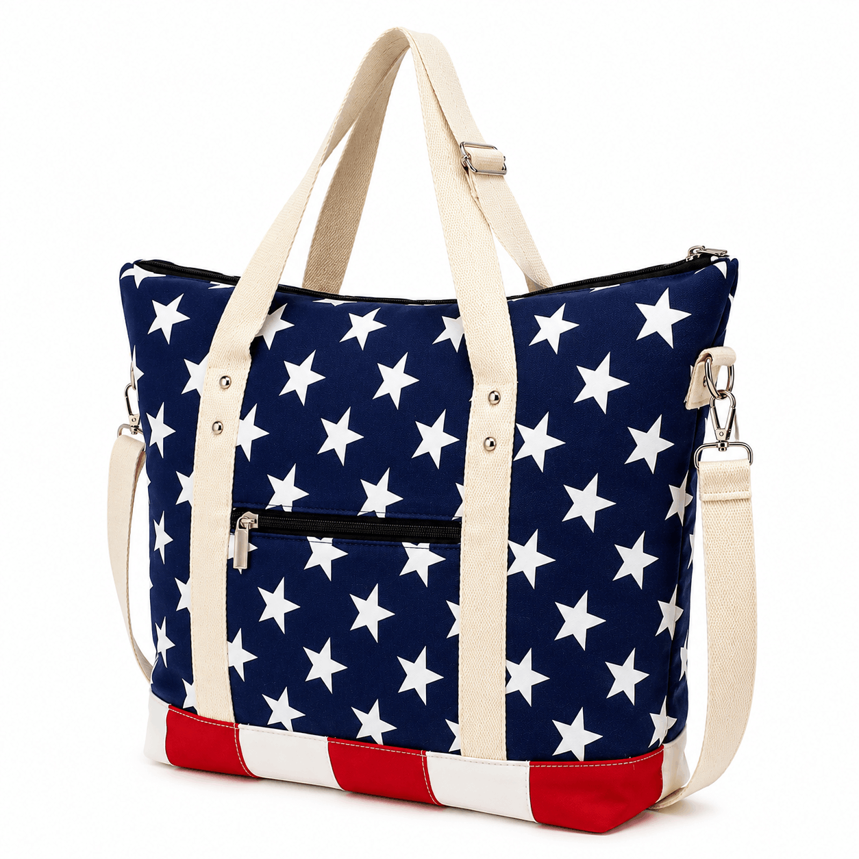 Angled view of patriotic canvas tote bag with removable shoulder strap