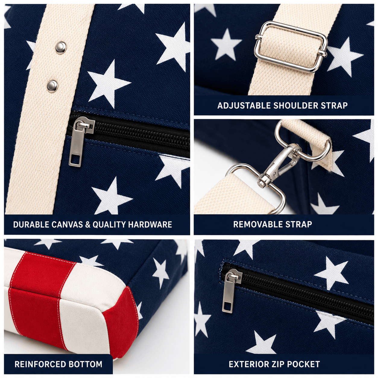 Close-up of patriotic canvas tote bag canvas fabric zipper and hardware
