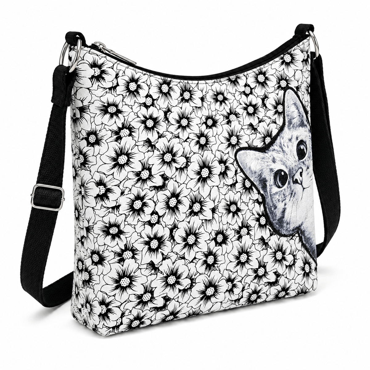 Peekaboo cat floral canvas shoulder bag, angled view