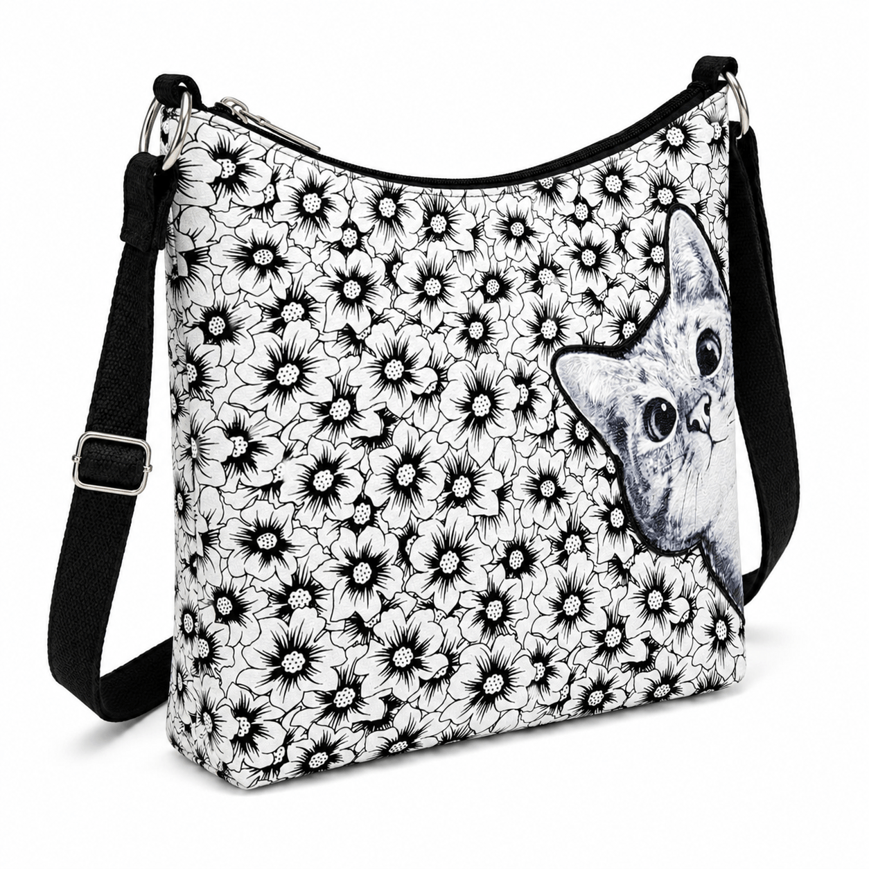 Peekaboo cat floral canvas shoulder bag, angled view
