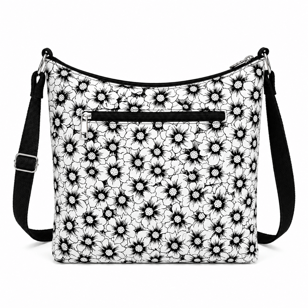 Back view of the peekaboo cat floral canvas shoulder bag with zippered pocket