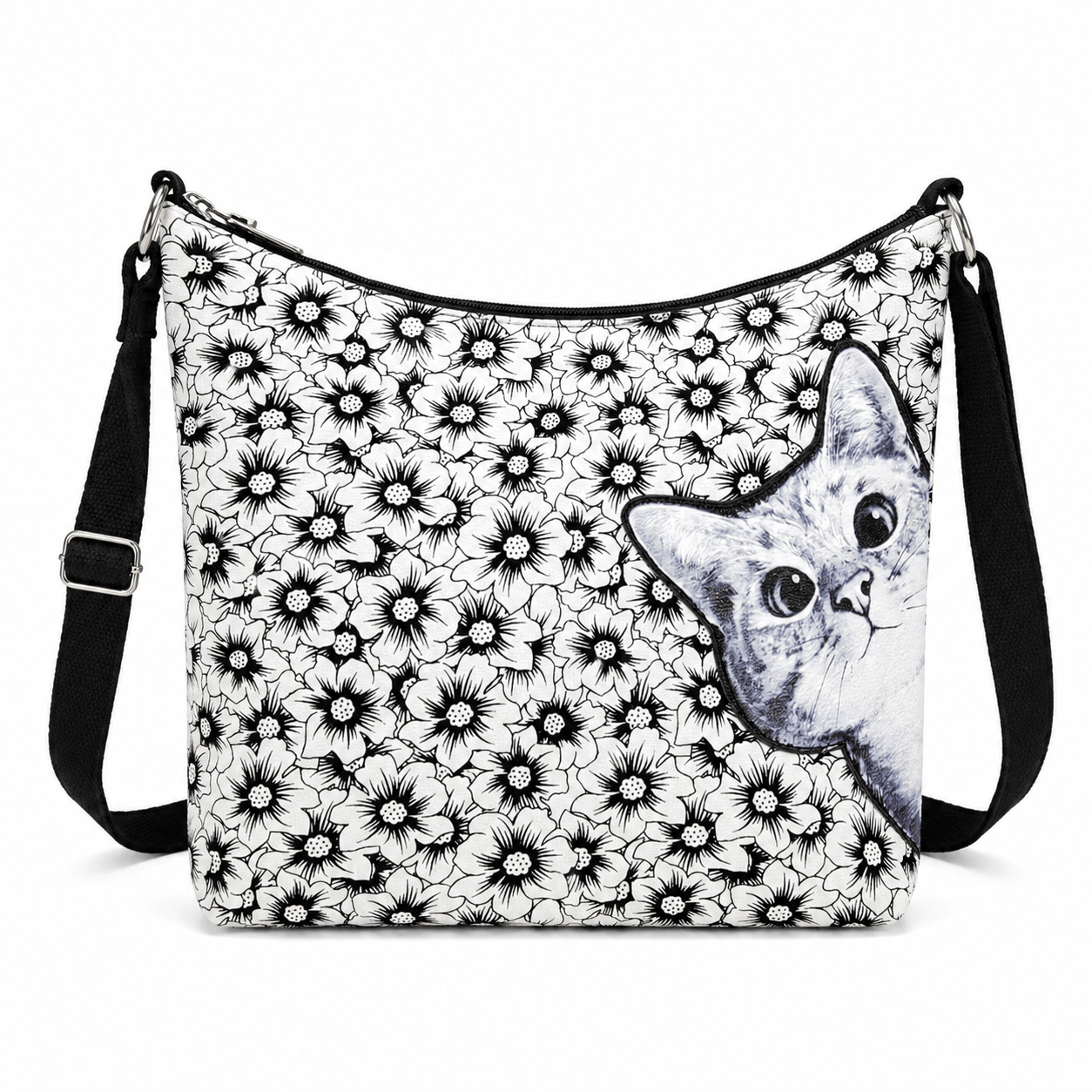 Peekaboo cat floral canvas shoulder bag, front view