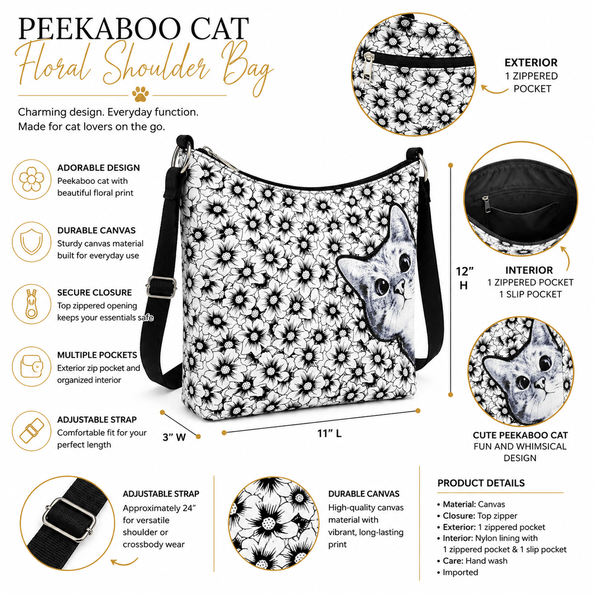 Infographic showing the features of the peekaboo cat floral canvas shoulder bag including pockets, adjustable strap, and dimensions