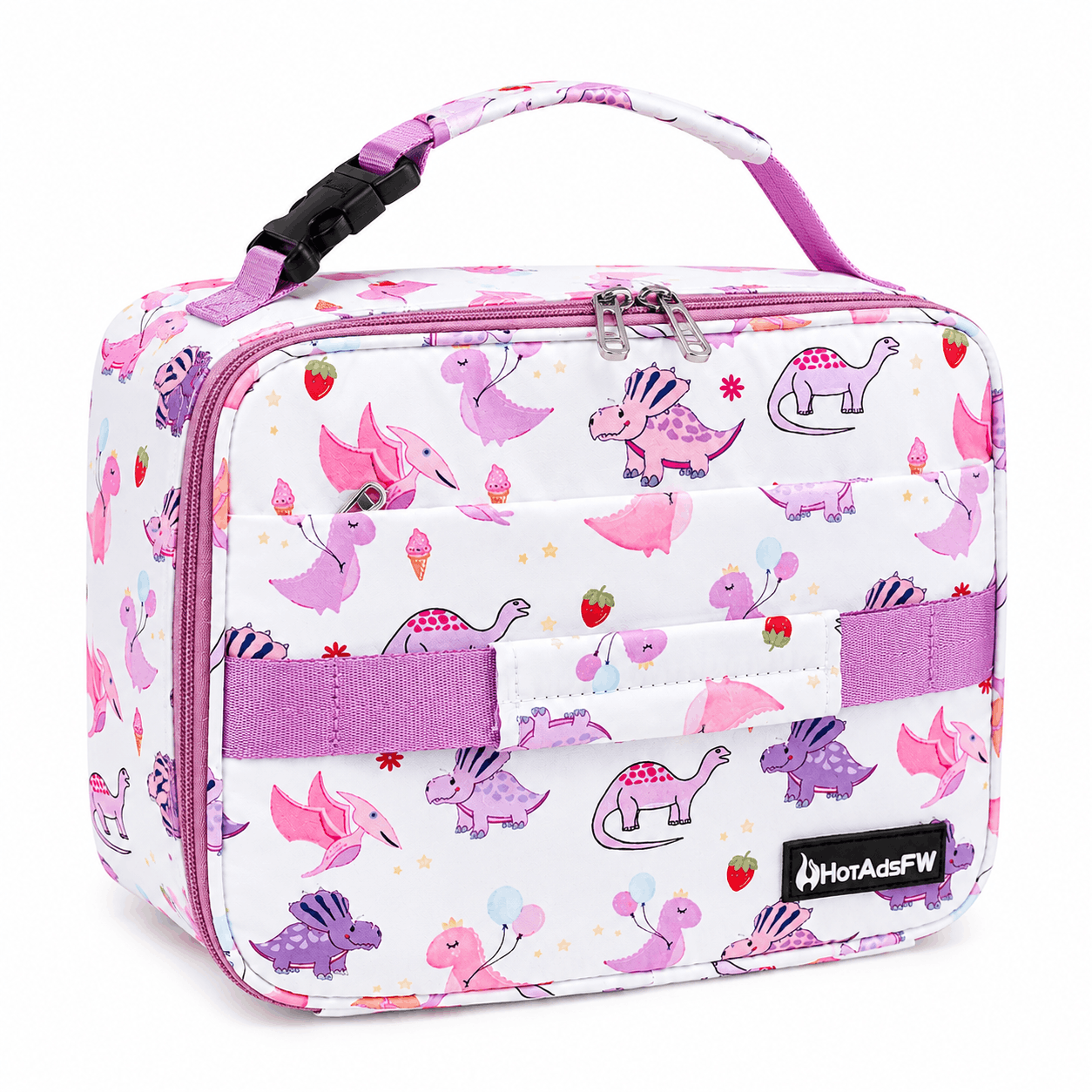 Pink Dinosaur Kids Insulated Lunch Box shown at a 45-degree angle highlighting the insulated lunch bag shape, zipper, and carry handle.