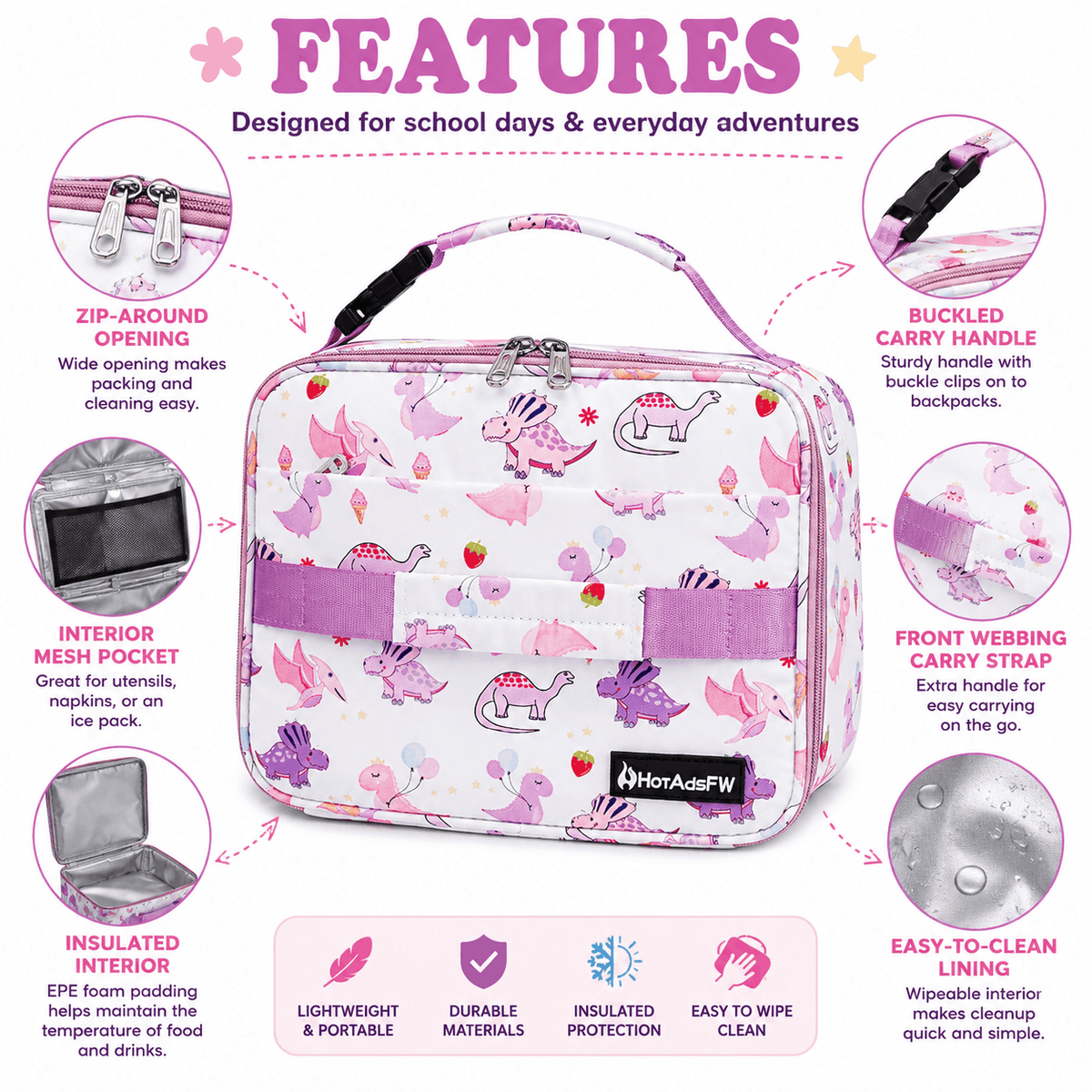 Infographic highlighting the Pink Dinosaur Kids Insulated Lunch Box features including insulated lining, interior mesh pocket, easy-clean lining, and buckled carry handle.