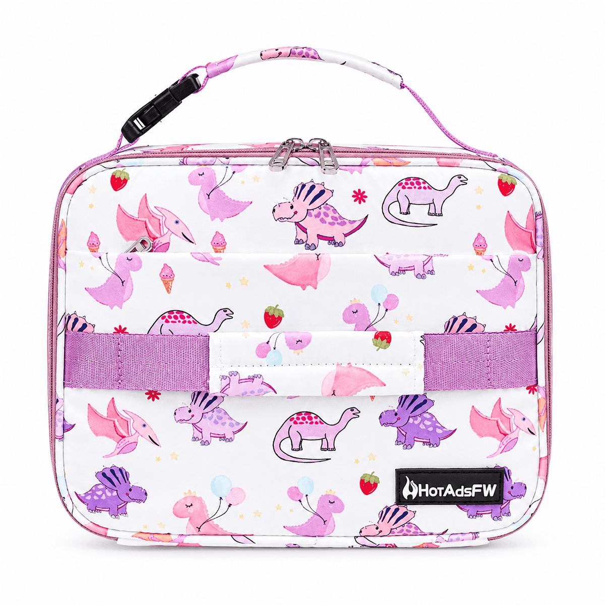 Pink Dinosaur Kids Insulated Lunch Box front view with pink and purple dinosaur print, buckled carry handle, and front webbing strap.