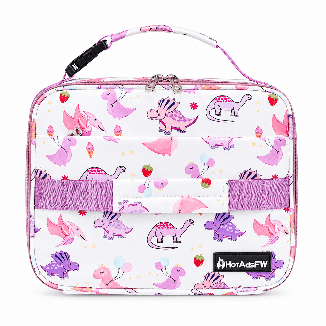 Pink Dinosaur Kids Insulated Lunch Box front view with pink and purple dinosaur print, buckled carry handle, and front webbing strap.