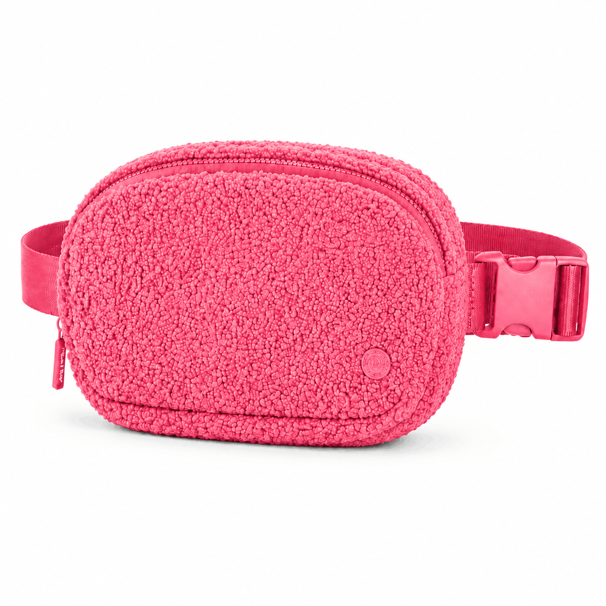 Angled view of the Pink Fleece Belt Bag showing its textured exterior
