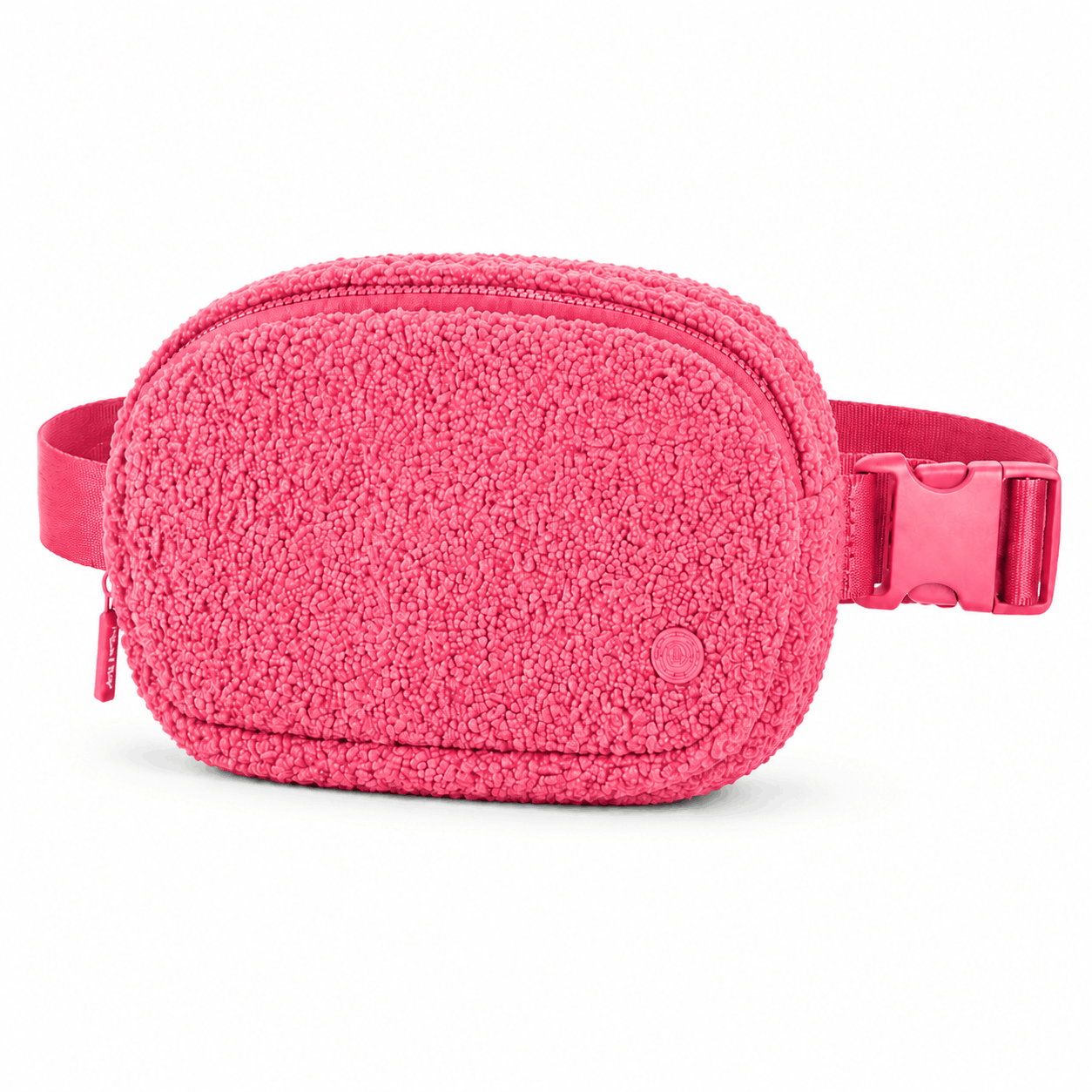 Angled view of the Pink Fleece Belt Bag showing its textured exterior
