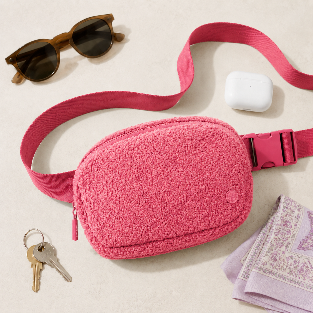 Pink Fleece Belt Bag arranged with everyday essentials in a flat lay