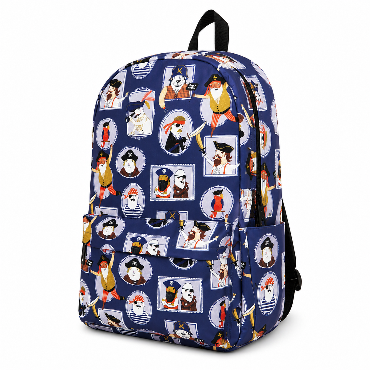 45-degree angled view of the Pirate Kids Polyester School Backpack showing the front pocket and side profile